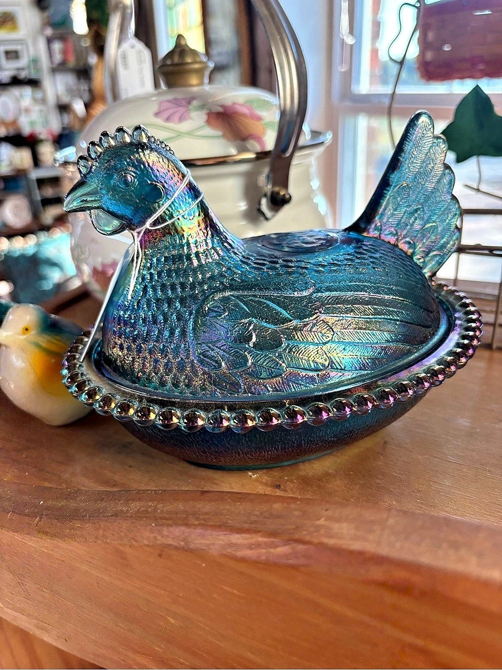 Indiana Glass Blue Iridescent Carnival Glass Hen on Nest 7-Inch Covered